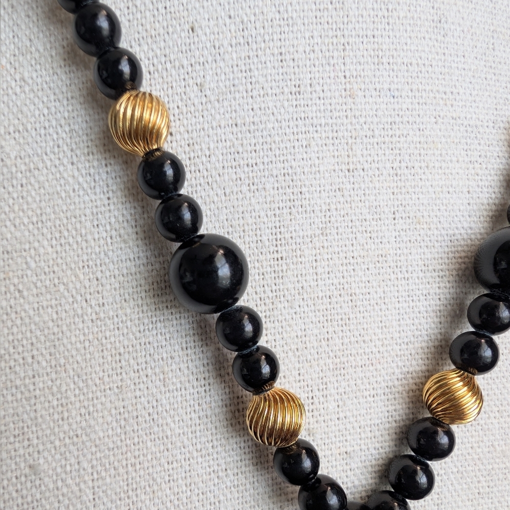 Vintage 925 Les Bernard Obsidian & Cloisonne Sterling Gold Necklace - Estate - Picture 5 of 14